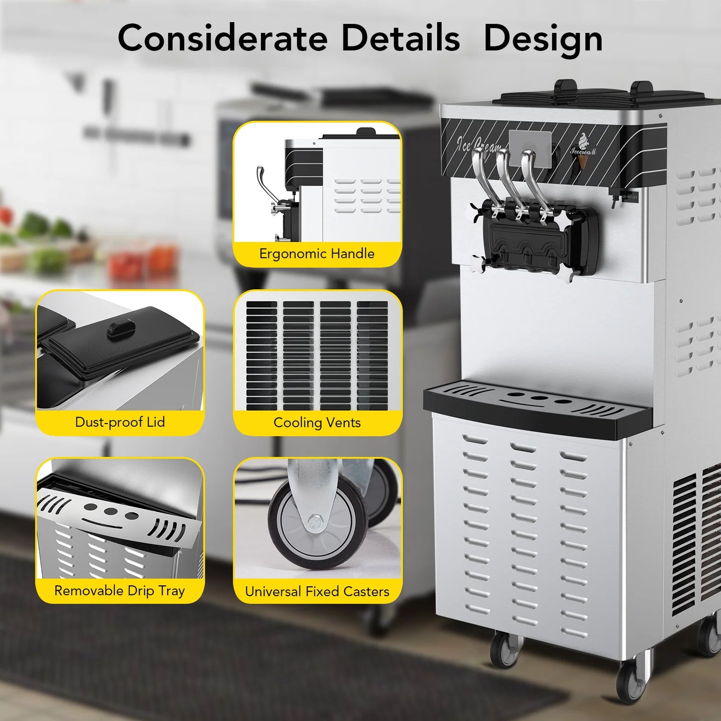 Commercial Ice Cream Maker 3 Flavors Soft Serve Machine.