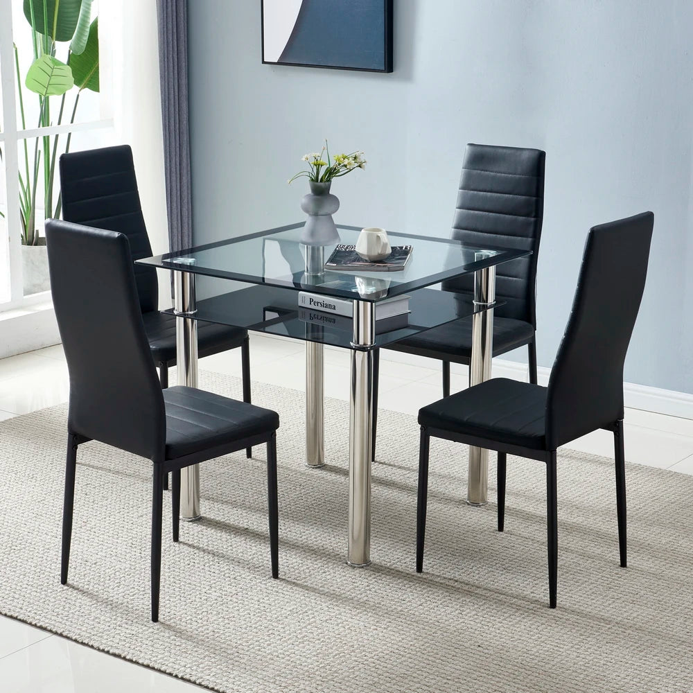 4pcs Stripping Texture High Backrest Dining Chairs Black