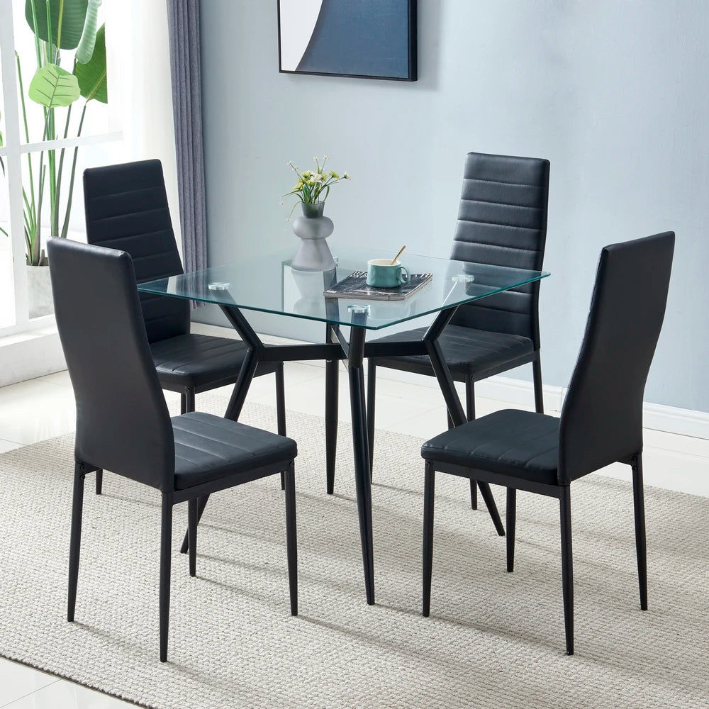 4pcs Stripping Texture High Backrest Dining Chairs Black