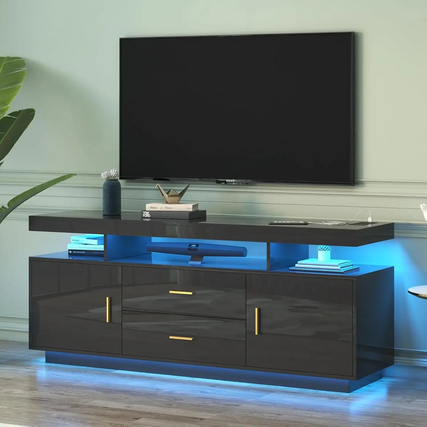Entertainment Center White with 3-Colors Lighting, LED Modern TV Stand for 65+ inch TV,