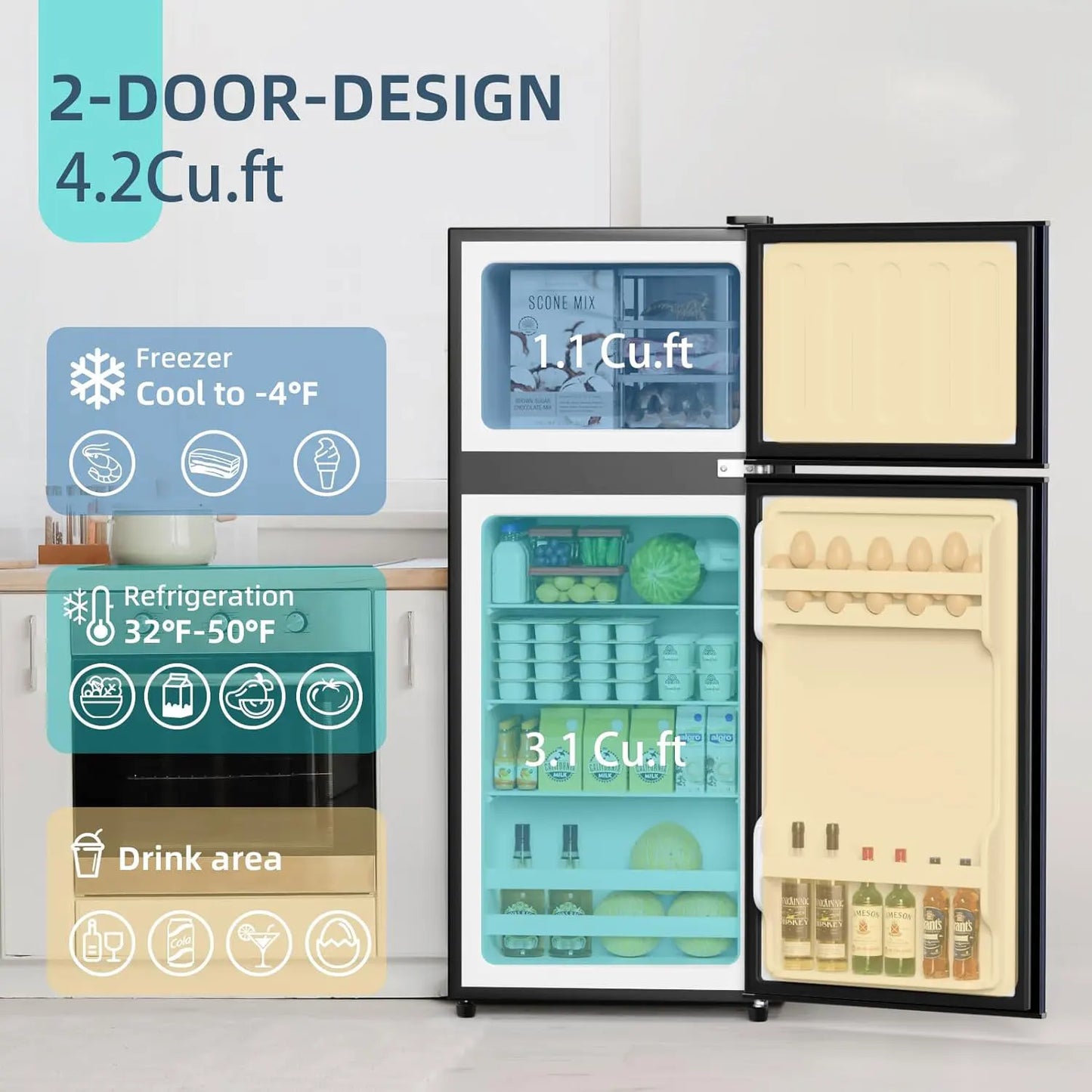 4.2 Cu.Ft Small Refrigerator with Freezer, Mini Fridge Double Door