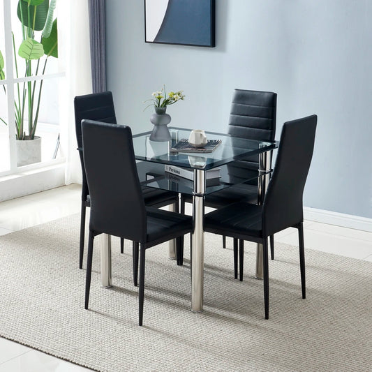 4pcs Stripping Texture High Backrest Dining Chairs Black