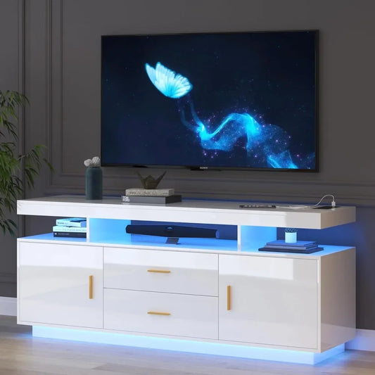 Entertainment Center White with 3-Colors Lighting, LED Modern TV Stand for 65+ inch TV,