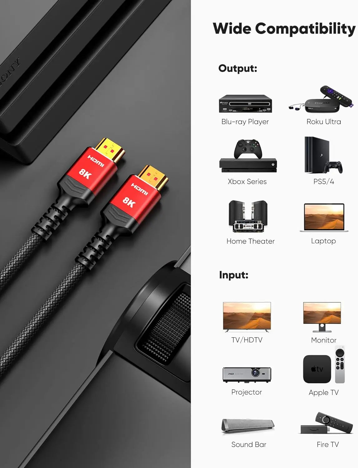 Cable High Speed 48Gbps HDMI Cord PS5/PS4/X-Box/Roku TV/HD