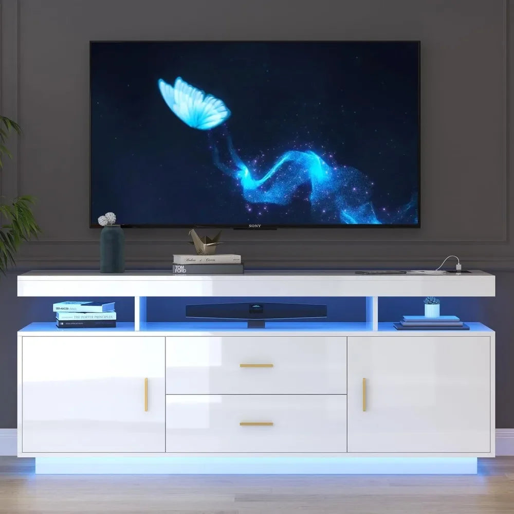 Entertainment Center White with 3-Colors Lighting, LED Modern TV Stand for 65+ inch TV,